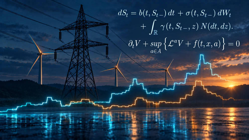 Stylized electricity infrastructure with luminous stepwise price trajectories.