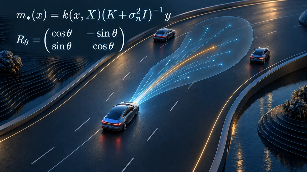 Stylized car with possible future paths spreading into a translucent uncertainty ribbon.